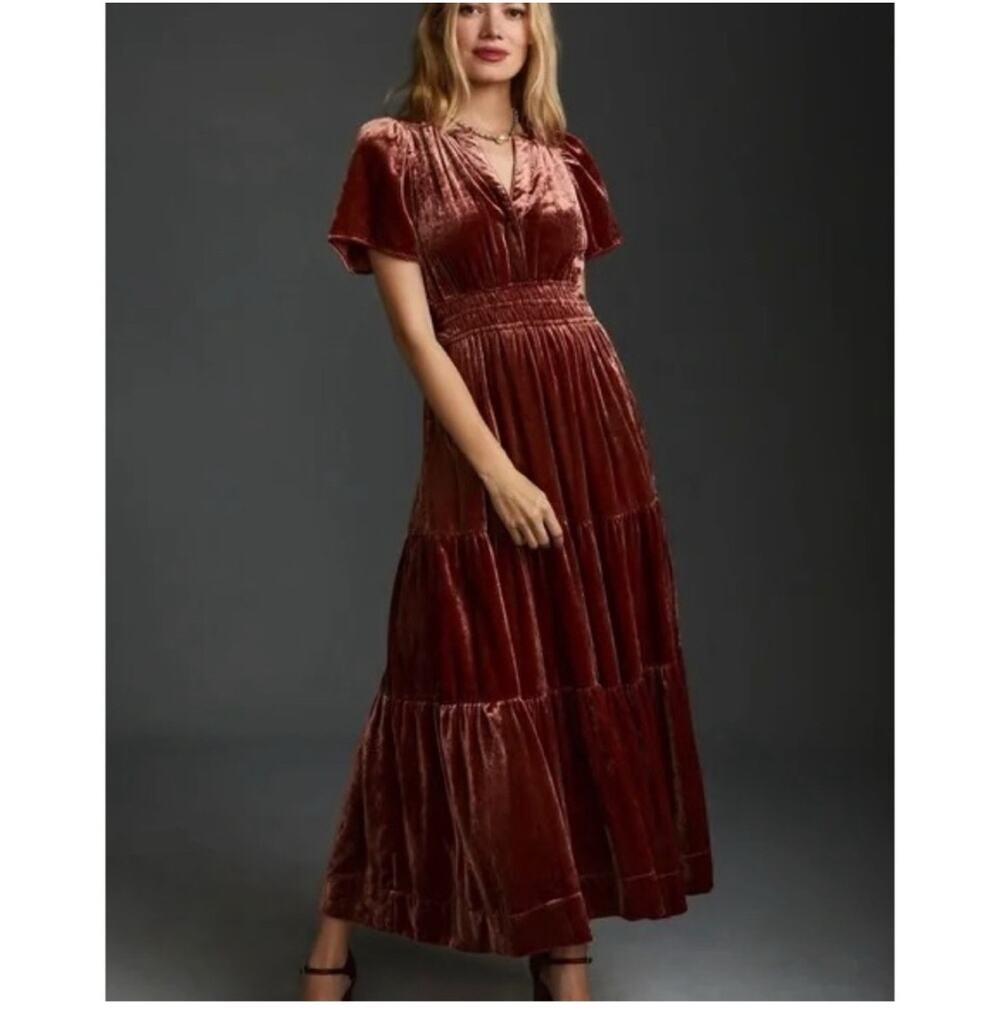 Anthropologie Somerset Velvet Edition Maxi Dress Long Tiered Raspberry
